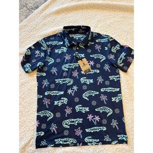 Chubbies Mens Medium Performance Polo Shirt Navy Neon Alligator Palm Tree Golf